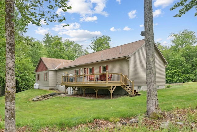 31 Knight Way N, Yarmouth, ME 04097 - back of property featuring a wooden deck, a yard, roof with shingles, and stairs