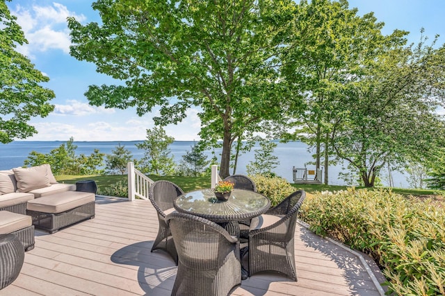 27 Highview Ter, Belfast, ME 04915 - wooden deck with a water view, outdoor dining area, and outdoor lounge area