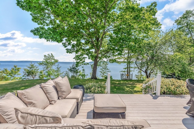 27 Highview Ter, Belfast, ME 04915 - deck featuring an outdoor hangout area, a water view, and a yard