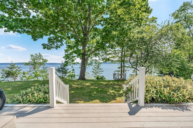 27 Highview Ter, Belfast, ME 04915 - wooden deck featuring a water view and a lawn