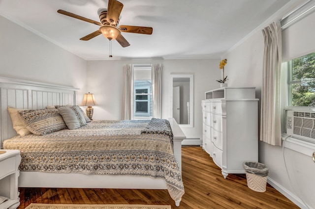 27 Highview Ter, Belfast, ME 04915 - bedroom with a baseboard radiator, wood finished floors, crown molding, and a ceiling fan