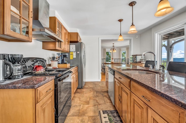 27 Highview Ter, Belfast, ME 04915 - kitchen featuring black electric range oven, wall chimney range hood, dishwasher, brown cabinets, and light stone finish flooring