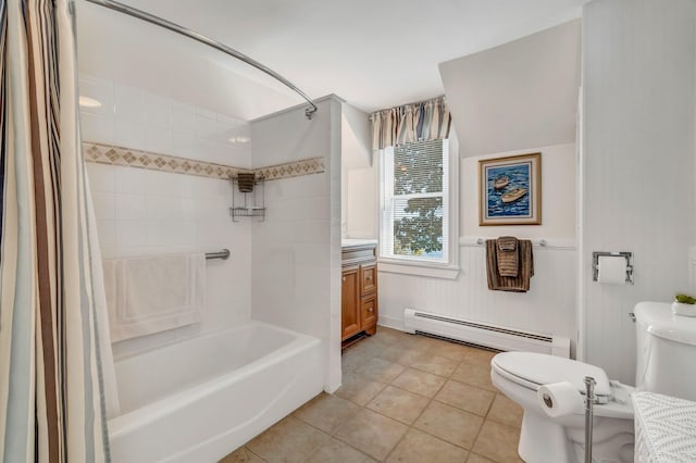 27 Highview Ter, Belfast, ME 04915 - bathroom with baseboard heating, shower / tub combo with curtain, tile patterned floors, and vanity
