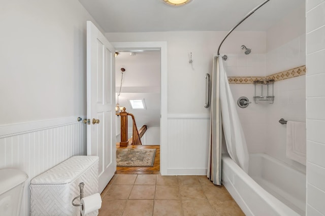 27 Highview Ter, Belfast, ME 04915 - bathroom featuring a wainscoted wall, shower / bath combination with curtain, and tile patterned floors