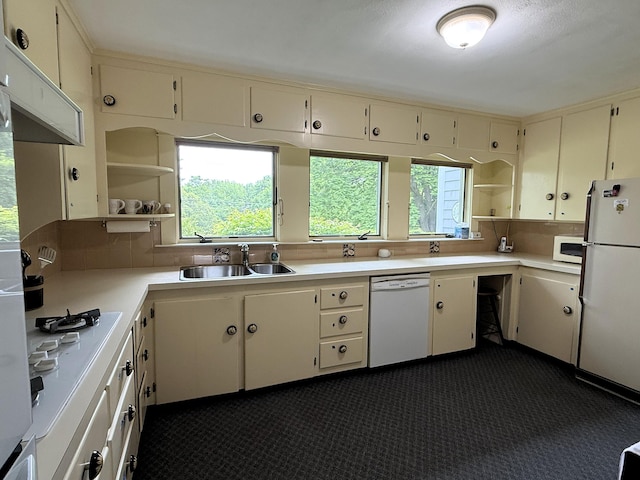 190 Belfast Rd, Camden, ME 04843 - kitchen with white appliances, open shelves, cream cabinets, and light countertops