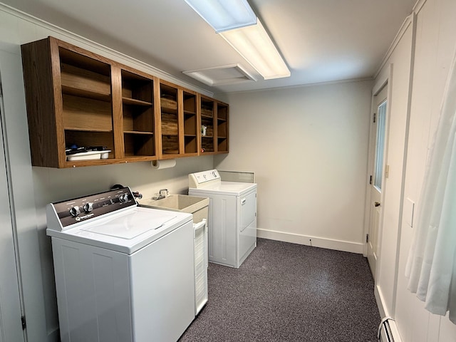 190 Belfast Rd, Camden, ME 04843 - laundry area with washer and dryer, dark carpet, attic access, and a baseboard heating unit