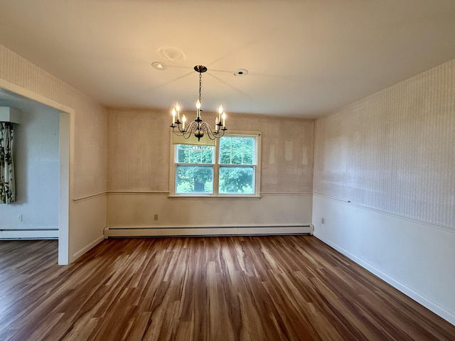 54 Pine Ledge Rd, Bangor, ME 04401 - unfurnished dining area with a chandelier, dark wood-style floors, a baseboard heating unit, and baseboard heating