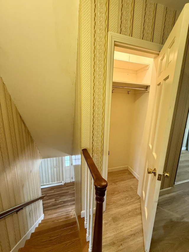 54 Pine Ledge Rd, Bangor, ME 04401 - stairway featuring wood finished floors and wallpapered walls