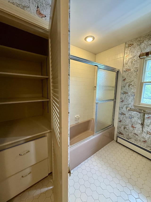 54 Pine Ledge Rd, Bangor, ME 04401 - bathroom featuring enclosed tub / shower combo, tile patterned floors, and wallpapered walls