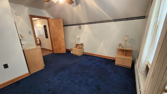 177 Ohio St, Millinocket, ME 04462 - unfurnished bedroom with dark colored carpet, a ceiling fan, and lofted ceiling