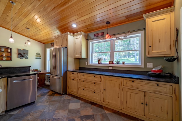 172 Hoxie Hill Rd, Orrington, ME 04474 - kitchen featuring stainless steel appliances, wooden ceiling, dark countertops, pendant lighting, and stone finish floors