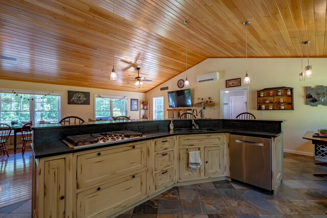 172 Hoxie Hill Rd, Orrington, ME 04474 - kitchen featuring stainless steel appliances, cream cabinetry, wooden ceiling, dark countertops, and vaulted ceiling