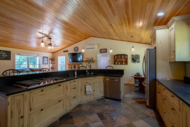 172 Hoxie Hill Rd, Orrington, ME 04474 - kitchen featuring appliances with stainless steel finishes, wood ceiling, dark countertops, cream cabinets, and lofted ceiling