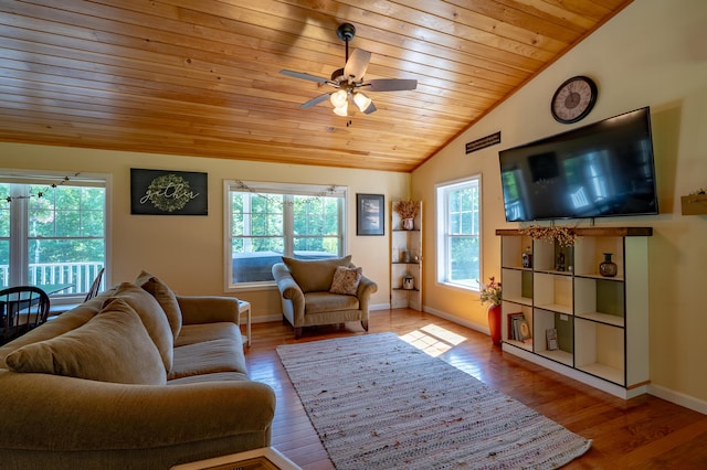 172 Hoxie Hill Rd, Orrington, ME 04474 - living room featuring vaulted ceiling, ceiling fan, wood ceiling, and wood finished floors