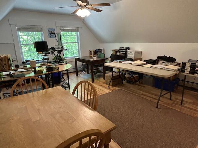 453 Canton Rd, Livermore, ME 04253 - home office with light wood-style flooring, a ceiling fan, and vaulted ceiling