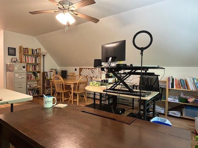 453 Canton Rd, Livermore, ME 04253 - office space featuring a ceiling fan and vaulted ceiling