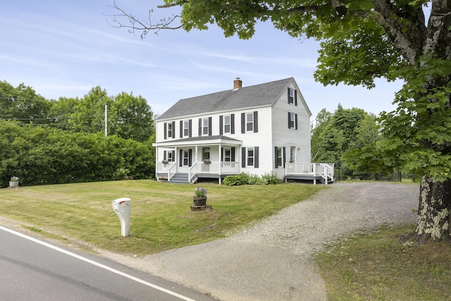 140 New Meadows Rd, West Bath, ME 04530 - colonial inspired home with a chimney, covered porch, a front lawn, roof with shingles, and gravel driveway