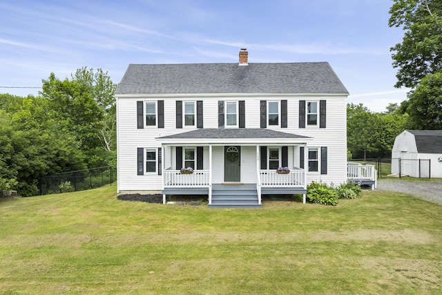 140 New Meadows Rd, West Bath, ME 04530 - colonial house featuring covered porch, a chimney, a shed, and a shingled roof
