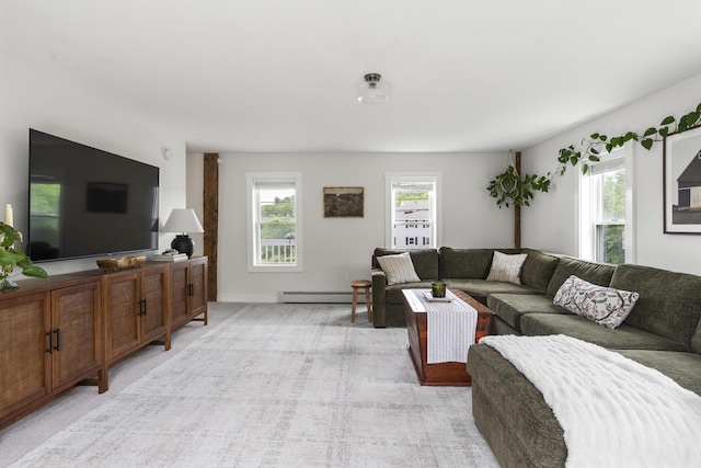 140 New Meadows Rd, West Bath, ME 04530 - living area featuring a baseboard radiator and light colored carpet