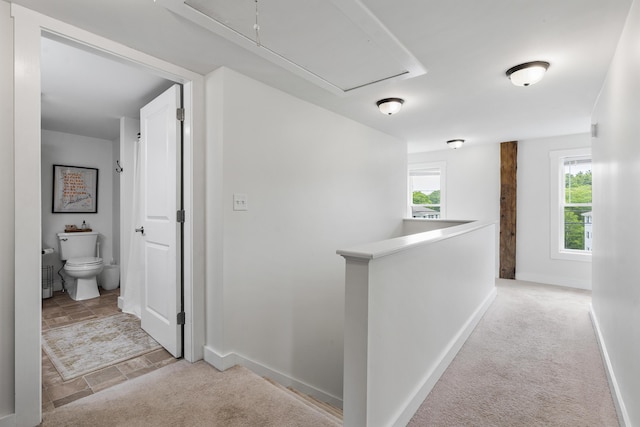 140 New Meadows Rd, West Bath, ME 04530 - hall with attic access, an upstairs landing, and carpet flooring