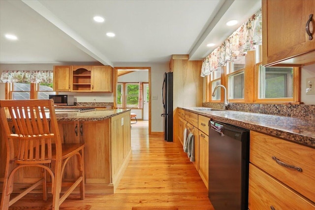 463 Cobbs Bridge Rd, New Gloucester, ME 04260 - kitchen with black appliances, open shelves, light wood-style flooring, dark stone countertops, and recessed lighting