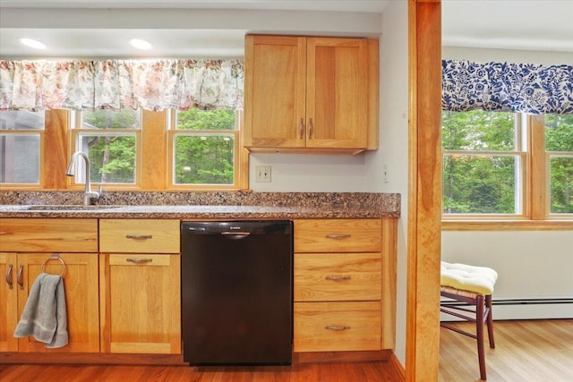463 Cobbs Bridge Rd, New Gloucester, ME 04260 - kitchen featuring dishwasher, wood finished floors, a baseboard radiator, and healthy amount of natural light