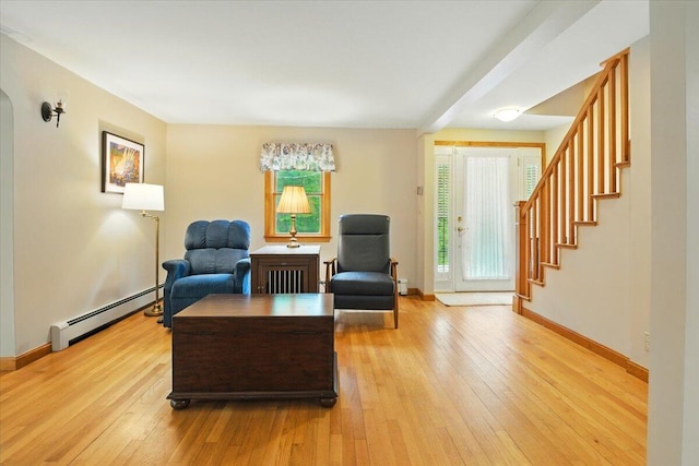 463 Cobbs Bridge Rd, New Gloucester, ME 04260 - sitting room featuring a baseboard radiator, light wood-style floors, and stairway