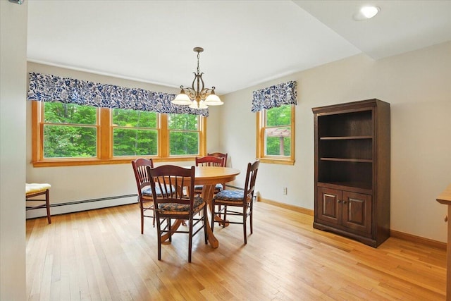 463 Cobbs Bridge Rd, New Gloucester, ME 04260 - dining area featuring a baseboard heating unit, light wood-style floors, and a chandelier
