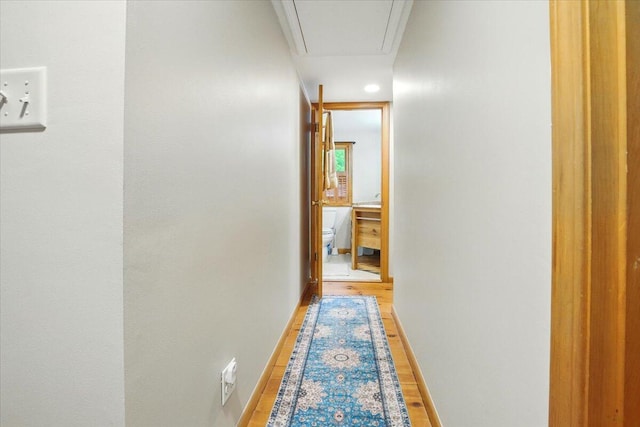 463 Cobbs Bridge Rd, New Gloucester, ME 04260 - corridor with light wood finished floors and attic access