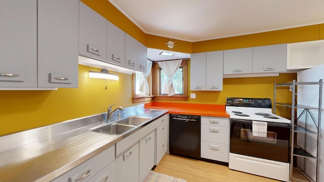 31 Vivian St, Auburn, ME 04210 - kitchen featuring range with electric stovetop, black dishwasher, white cabinetry, light wood-style floors, and crown molding