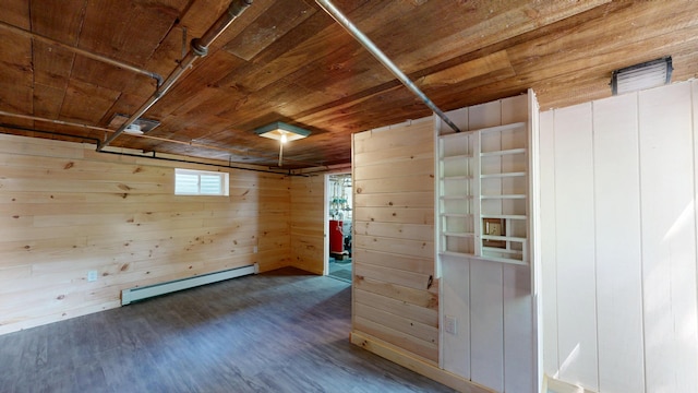 31 Vivian St, Auburn, ME 04210 - unfurnished room with a baseboard radiator, wooden ceiling, wood finished floors, and wooden walls