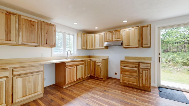 1 Barker St, Jay, ME 04239 - kitchen with under cabinet range hood, light brown cabinetry, a sink, light wood-style floors, and recessed lighting