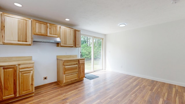 1 Barker St, Jay, ME 04239 - kitchen featuring under cabinet range hood, light wood finished floors, light countertops, and recessed lighting