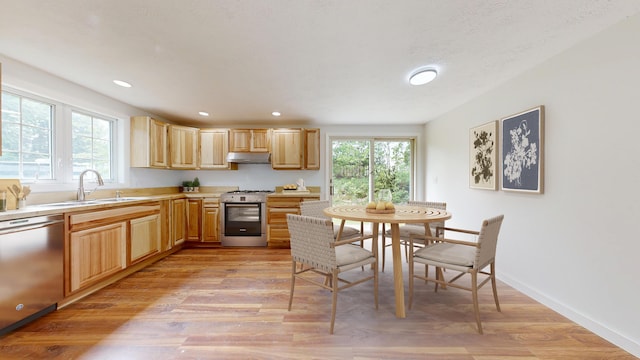 1 Barker St, Jay, ME 04239 - kitchen with appliances with stainless steel finishes, under cabinet range hood, light wood-style flooring, light countertops, and light brown cabinets
