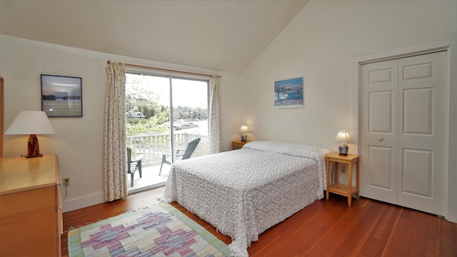 65 Shell Rd, Phippsburg, ME 04562 - bedroom with access to exterior, lofted ceiling, wood finished floors, and a closet