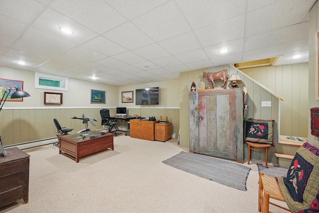 4 Mayflower Rd, Hallowell, ME 04347 - carpeted office with a drop ceiling, a baseboard radiator, and a wainscoted wall
