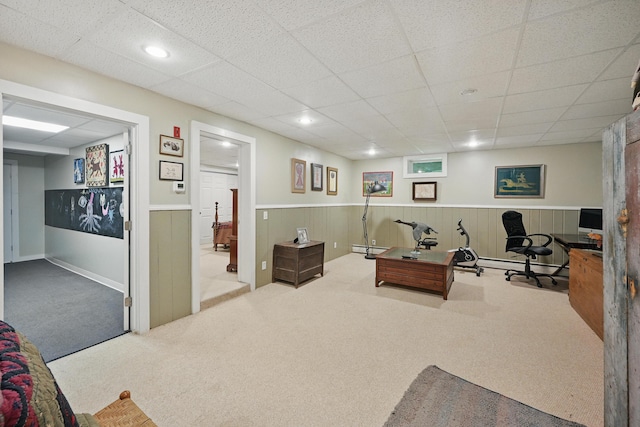4 Mayflower Rd, Hallowell, ME 04347 - exercise area with carpet flooring, wainscoting, baseboard heating, and a paneled ceiling