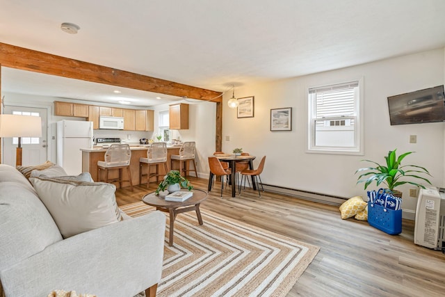 3 Ocean Breeze Unit 2, York, ME 03909 - living room featuring a baseboard heating unit, light wood-style flooring, beam ceiling, recessed lighting, and baseboards