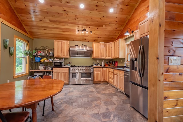 54 Carver Rd, Milo, ME 04463 - kitchen featuring stainless steel appliances, vaulted ceiling, light brown cabinets, a sink, and wood ceiling