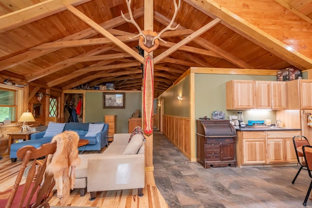 54 Carver Rd, Milo, ME 04463 - living room featuring wood ceiling, wood walls, and wainscoting