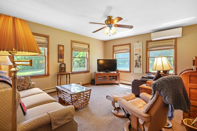 426 Fuller Rd, Carmel, ME 04419 - living room with a wall mounted AC, a baseboard radiator, carpet floors, and healthy amount of natural light