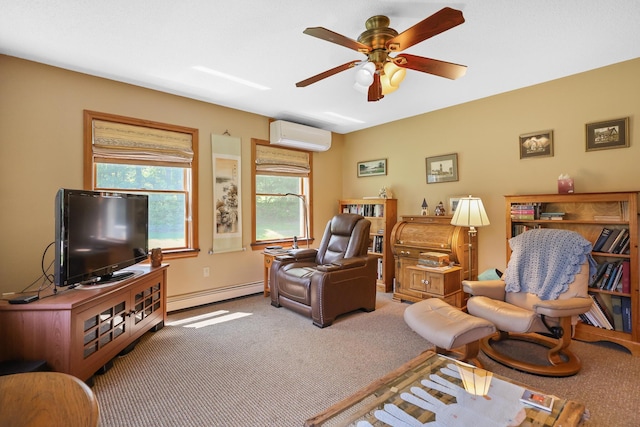 426 Fuller Rd, Carmel, ME 04419 - living room featuring a baseboard heating unit, carpet floors, a wall mounted air conditioner, and a ceiling fan