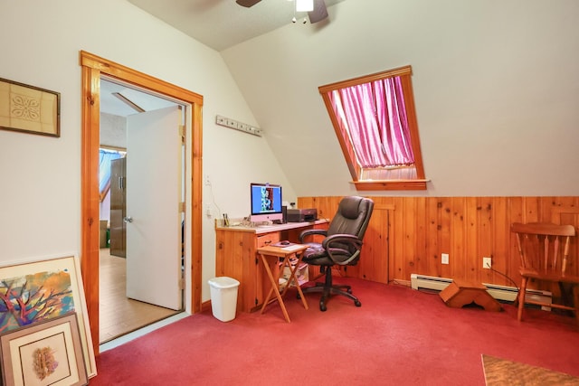 426 Fuller Rd, Carmel, ME 04419 - carpeted office featuring lofted ceiling, a baseboard radiator, wood walls, a ceiling fan, and wainscoting