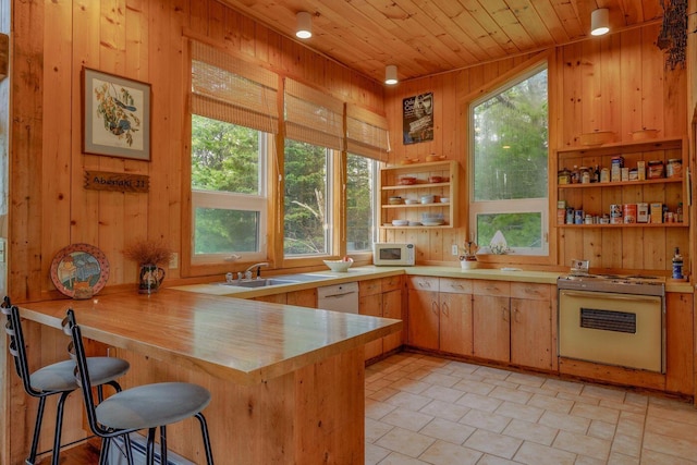47 Eaton Point Rd, Deer Isle, ME 04627 - kitchen featuring white appliances, wood ceiling, open shelves, wood walls, and a peninsula