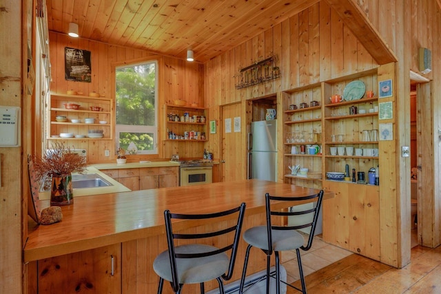 47 Eaton Point Rd, Deer Isle, ME 04627 - kitchen featuring open shelves, stainless steel appliances, butcher block countertops, wood walls, and a peninsula