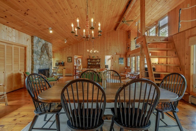 47 Eaton Point Rd, Deer Isle, ME 04627 - dining area with wood-type flooring, wood walls, a fireplace, high vaulted ceiling, and ceiling fan