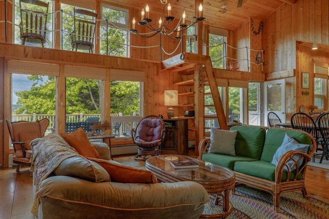 47 Eaton Point Rd, Deer Isle, ME 04627 - living area featuring high vaulted ceiling, wooden walls, hardwood / wood-style floors, a chandelier, and wooden ceiling