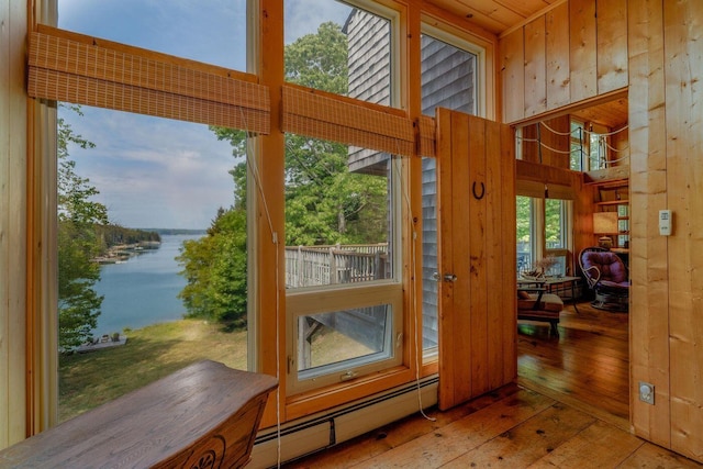 47 Eaton Point Rd, Deer Isle, ME 04627 - doorway featuring baseboard heating, a water view, hardwood / wood-style floors, and wooden walls