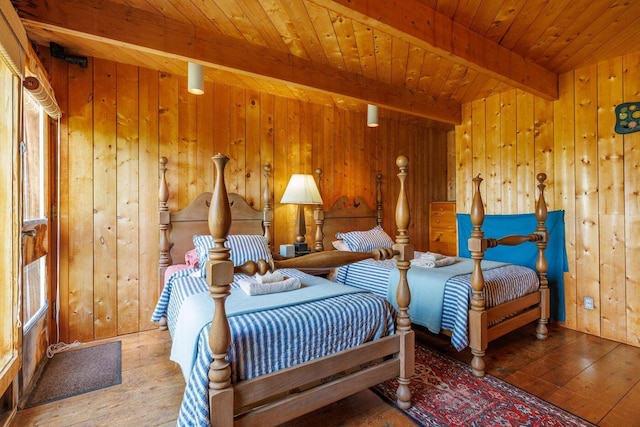 47 Eaton Point Rd, Deer Isle, ME 04627 - bedroom with a wood ceiling with exposed beams, hardwood / wood-style floors, and wooden walls
