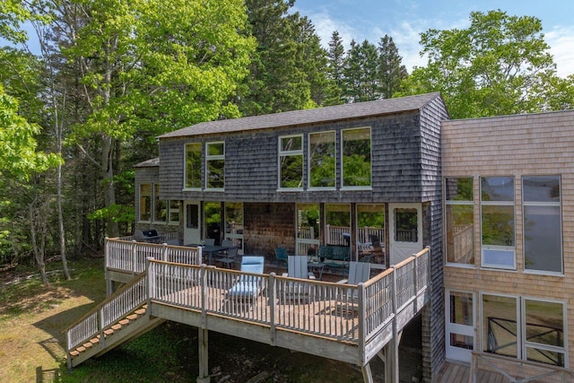 47 Eaton Point Rd, Deer Isle, ME 04627 - rear view of property featuring a wooden deck and stairway